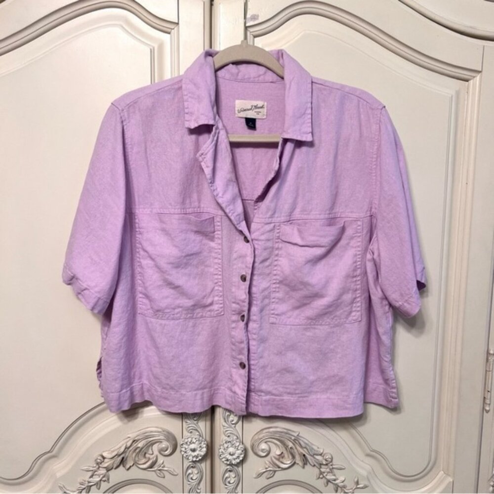 Universal Thread Oversized Cropped Linen Rayon Button-Down Shirt, Size Medium